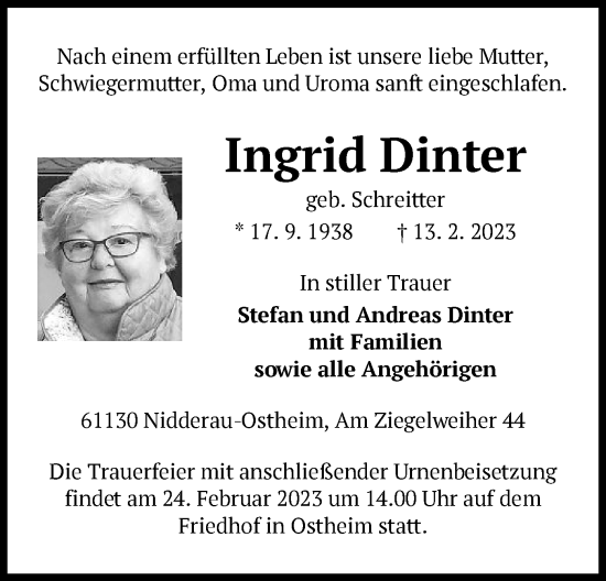 Traueranzeige von Ingrid Dinter von OF