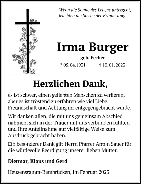 Traueranzeige von Irma Burger von OF