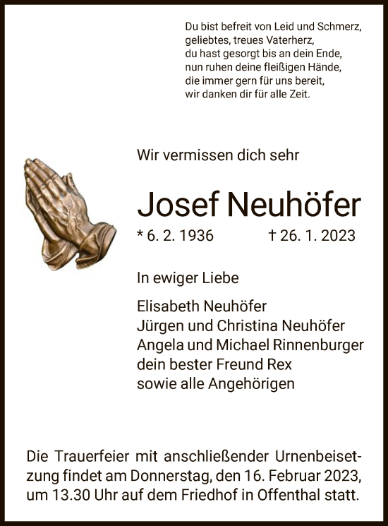 Traueranzeige von Josef Neuhöfer von OF