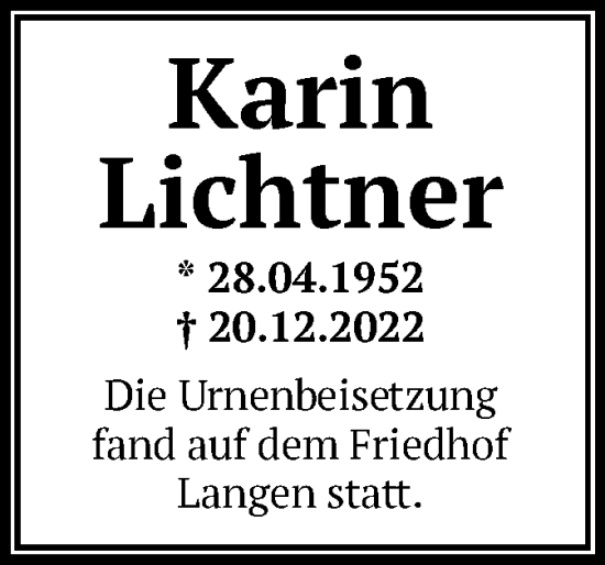 Traueranzeige von Karin Lichtner von OF