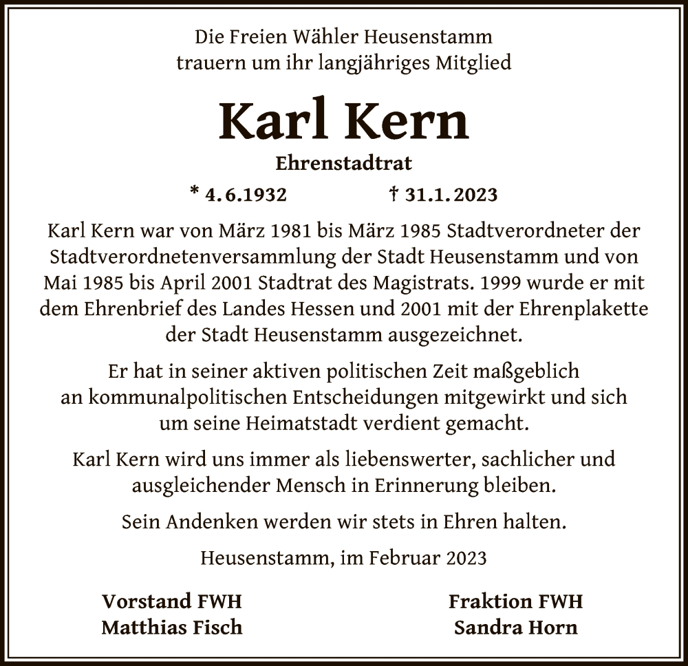  Traueranzeige für Karl Kern vom 08.02.2023 aus OF