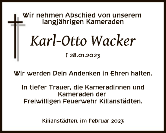 Traueranzeige von Karl-Otto Wacker von OF