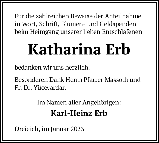 Traueranzeige von Katharina Erb von OF