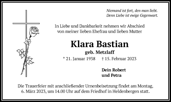 Traueranzeige von Klara Bastian von OF