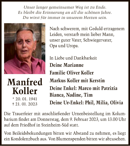 Traueranzeige von Manfred Koller von OF