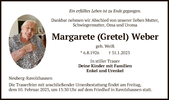 Traueranzeige von Margarete  Weber von OF