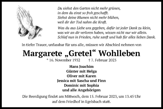 Traueranzeige von Margarete Wohlleben von OF