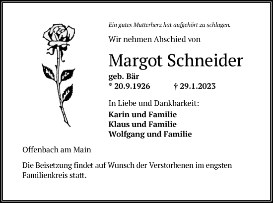 Traueranzeige von Margot Schneider von OF