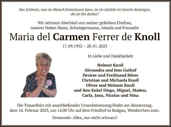 Traueranzeige von Maria del Carmen Ferrer de Knoll von OF