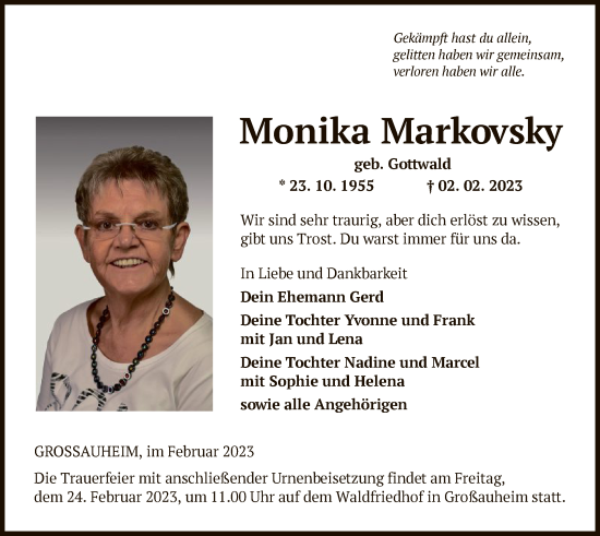 Traueranzeige von Monika Markovsky von OF