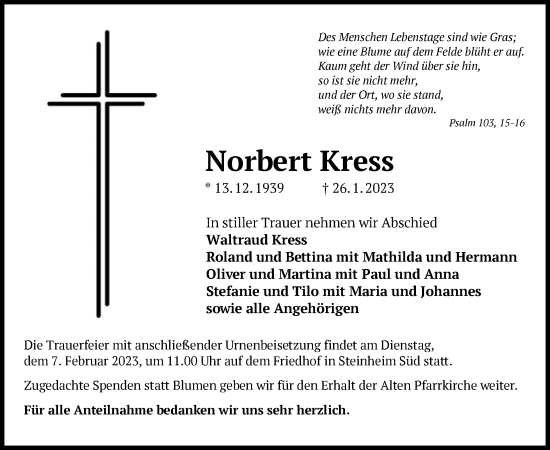 Traueranzeige von Norbert Kress von OF