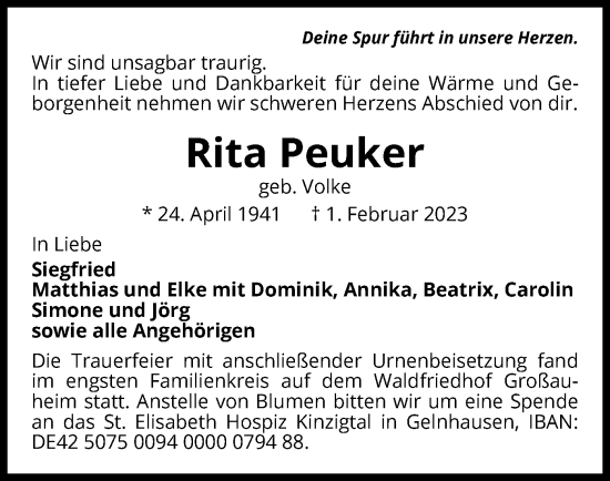 Traueranzeige von Rita Peuker von OF