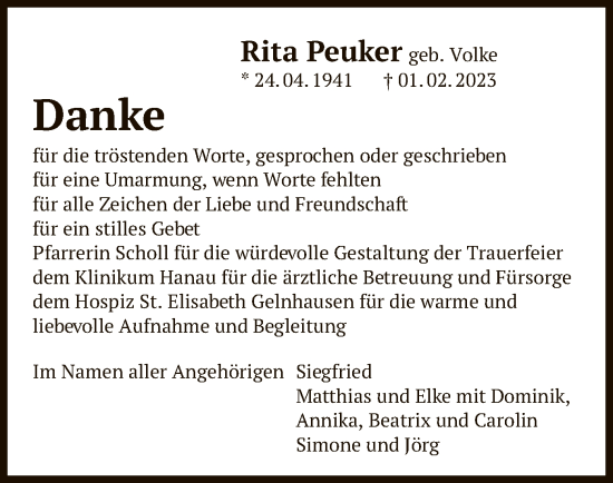 Traueranzeige von Rita Peuker von OF