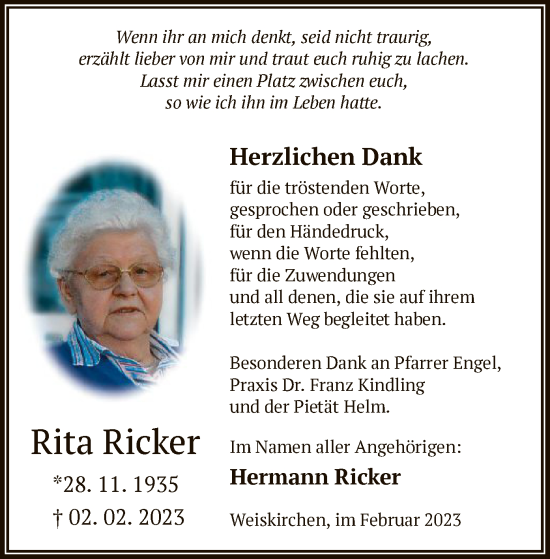 Traueranzeige von Rita Ricker von OF