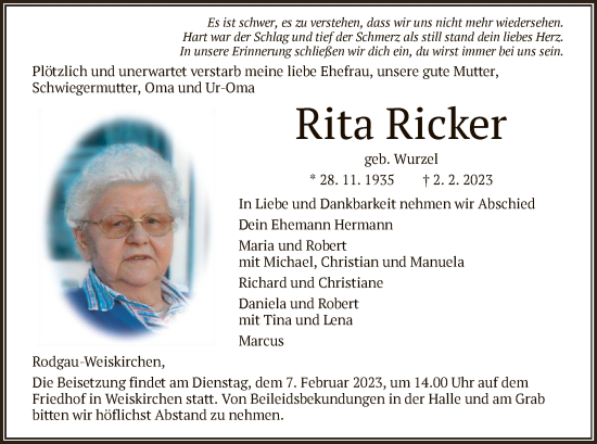 Traueranzeige von Rita Ricker von OF