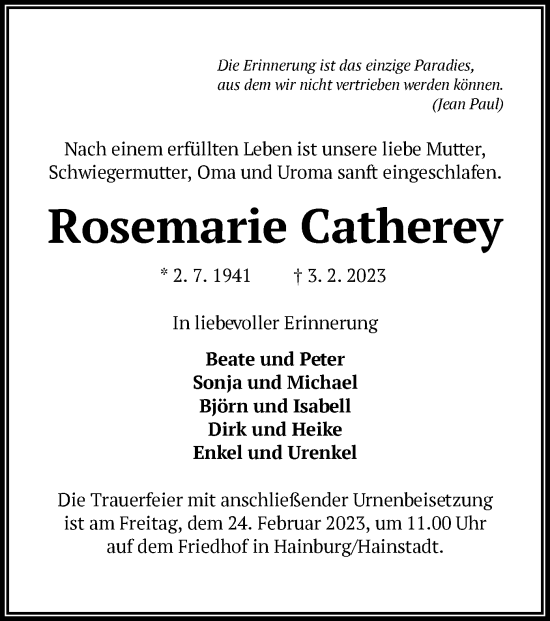 Traueranzeige von Rosemarie Catherey von OF