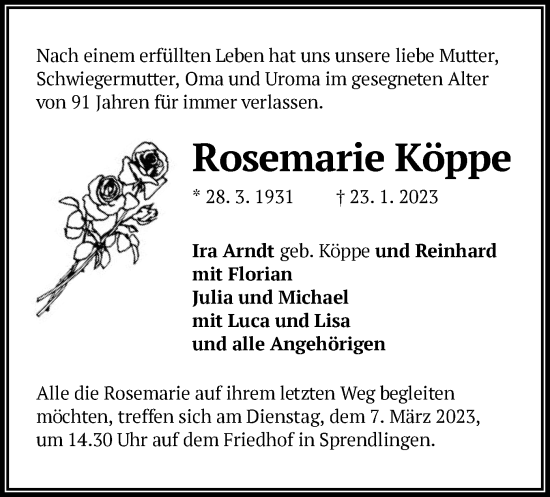 Traueranzeige von Rosemarie Köppe von OF