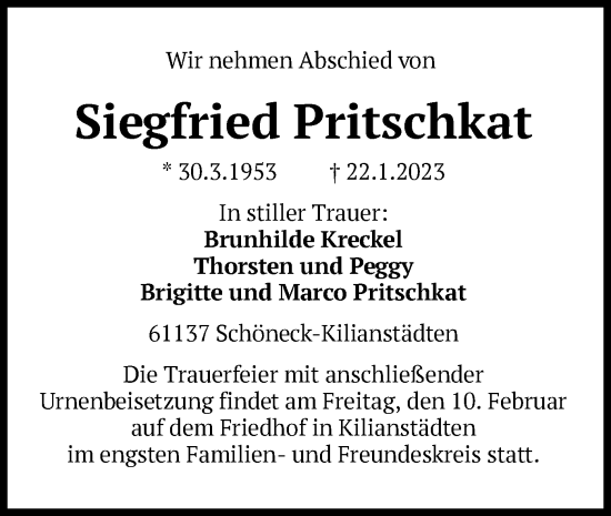 Traueranzeige von Siegfried Pritschkat von OF