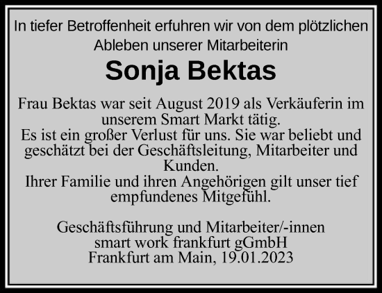 Traueranzeige von Sonja Bektas von OF