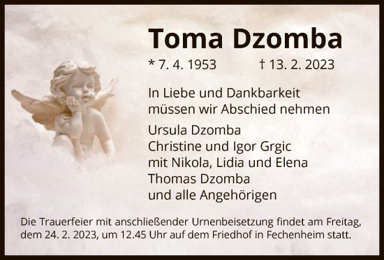 Traueranzeige von Toma Dzomba von OF