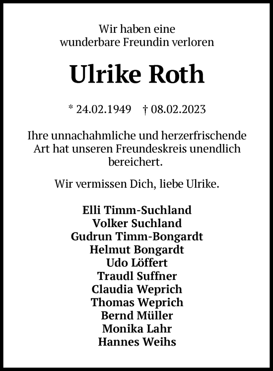 Traueranzeige von Ulrike Roth von OF