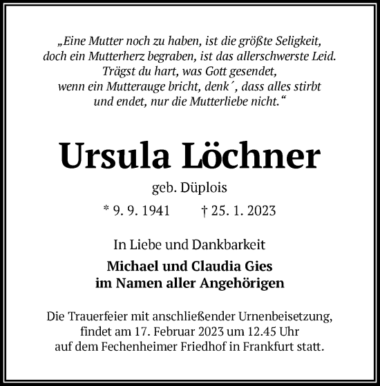 Traueranzeige von Ursula Löchner von OF