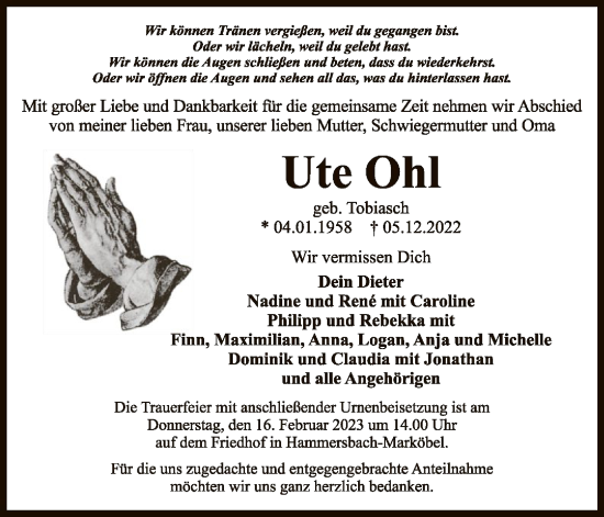 Traueranzeige von Ute Ohl von OF