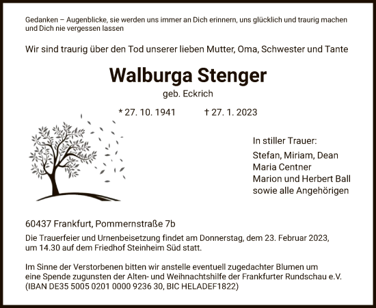 Traueranzeige von Walburga Stenger von OF