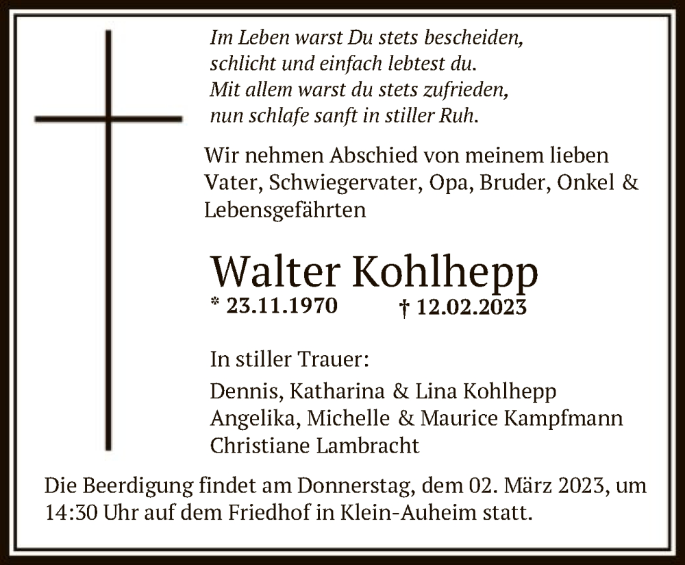  Traueranzeige für Walter Kohlhepp vom 22.02.2023 aus OF
