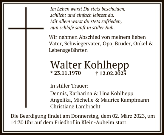 Traueranzeige von Walter Kohlhepp von OF