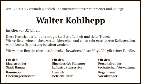 Traueranzeige von Walter Kohlhepp von OF