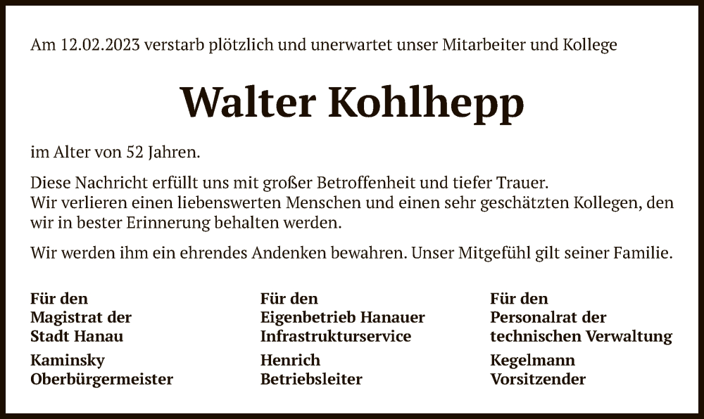  Traueranzeige für Walter Kohlhepp vom 25.02.2023 aus OF