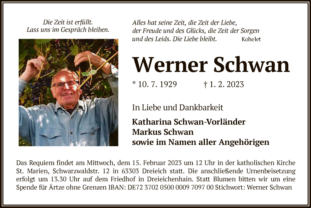  Traueranzeige für Werner Schwan vom 09.02.2023 aus OF