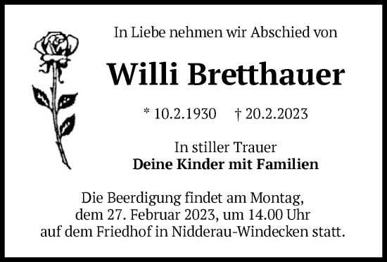 Traueranzeige von Willi Bretthauer von OF