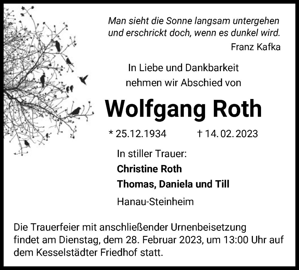  Traueranzeige für Wolfgang Roth vom 25.02.2023 aus OF