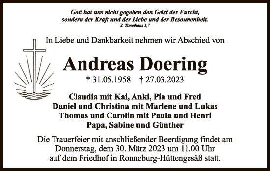 Traueranzeige von Andreas Doering von OF