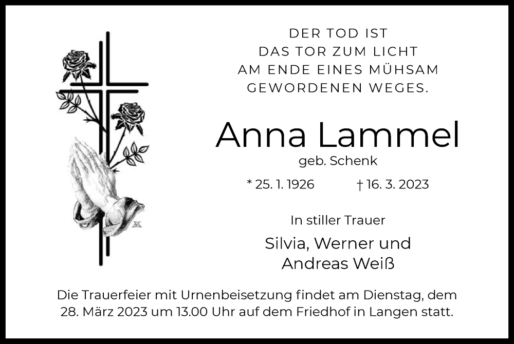  Traueranzeige für Anna Lammel vom 23.03.2023 aus OF