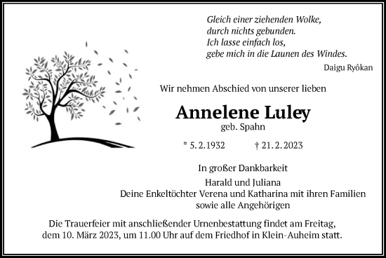 Traueranzeige von Annelene Luley von OF