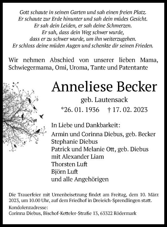 Traueranzeige von Anneliese Becker von OF