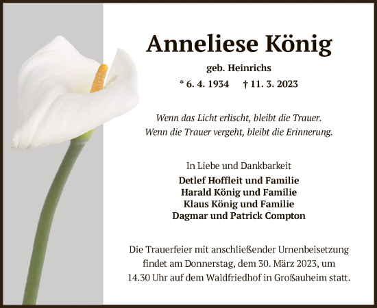 Traueranzeige von Anneliese König von OF