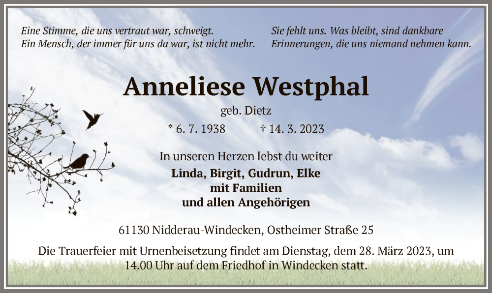  Traueranzeige für Anneliese Westphal vom 18.03.2023 aus OF