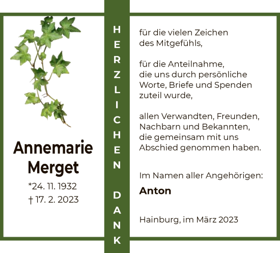 Traueranzeige von Annemarie Merget von OF