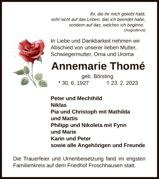 Traueranzeige von Annemarie Thome von OF