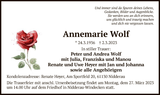 Traueranzeige von Annemarie Wolf von OF