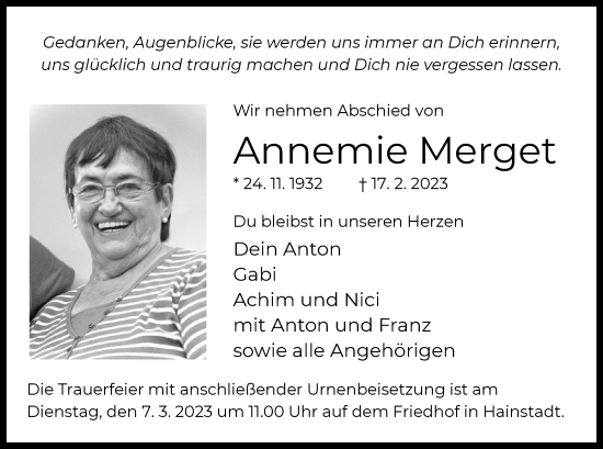 Traueranzeige von Annemie Merget von OF