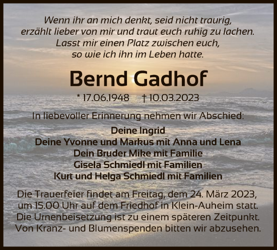 Traueranzeige von Bernd Gadhof von OF