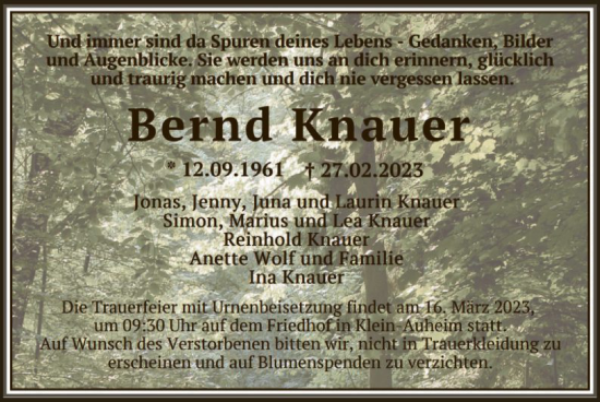 Traueranzeige von Bernd Knauer von OF