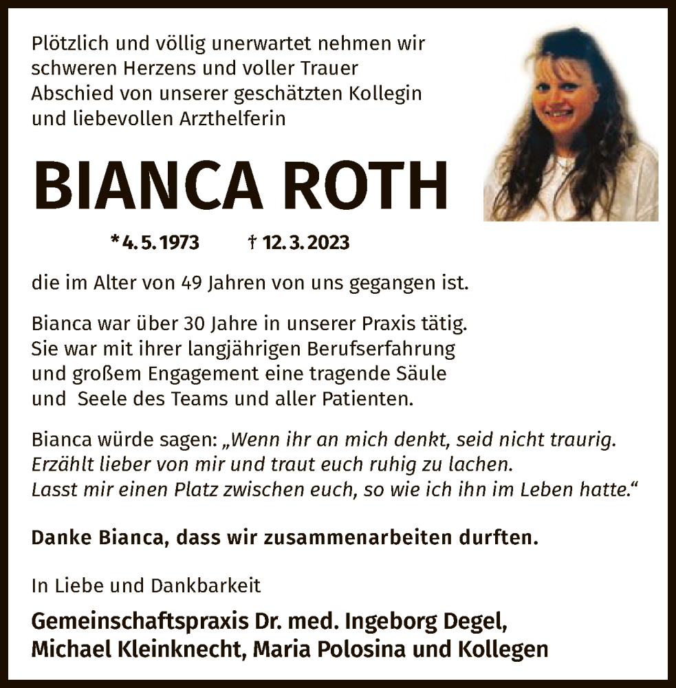  Traueranzeige für Bianca Roth vom 18.03.2023 aus OF