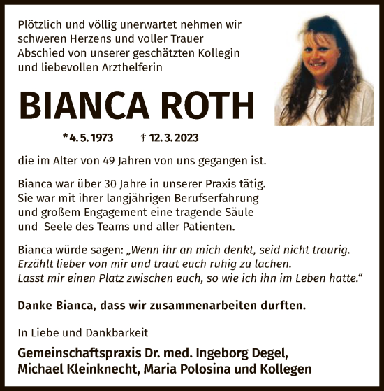 Traueranzeige von Bianca Roth von OF