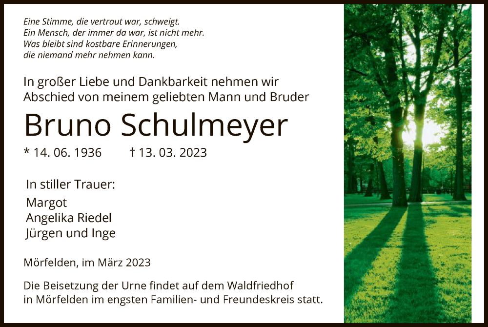 Traueranzeige für Bruno Schulmeyer vom 23.03.2023 aus OF
